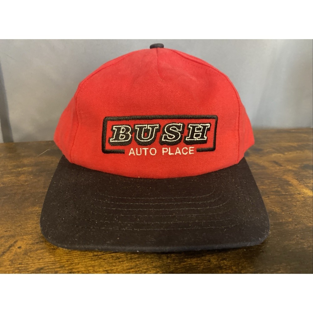 Bush Auto Place Snapback Baseball Cap Hat Red Black Made in USA Adjustable